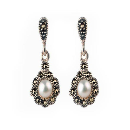 Freshwater Pearl & Marcasite Cluster Drop Earrings  |  Silver