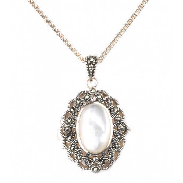 Mother of Pearl & Marcasite Oval Locket/Pendant and Chain | Silver