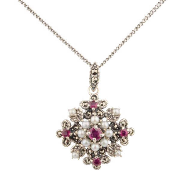 Antique Style Seed Pearl, Ruby & Marcasite Pendant and Chain | Silver