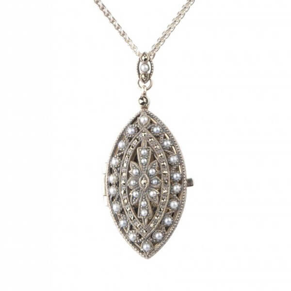 Freshwater Seed Pearl & Marcasite Navette Shape Locket Pendant | Silver