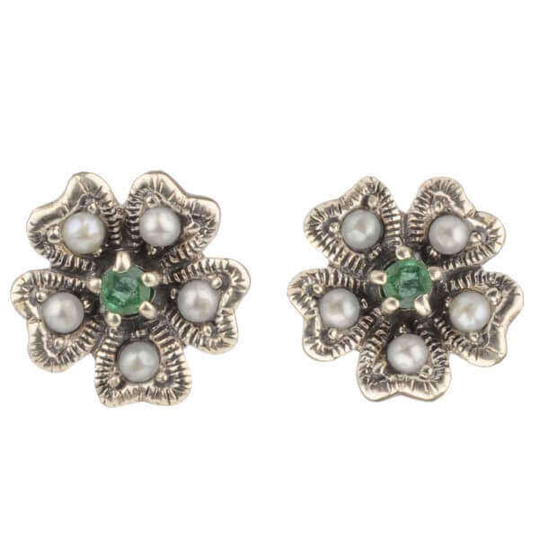 Emerald & Seed Pearl Clover Leaf Motif Stud Earrings | Silver