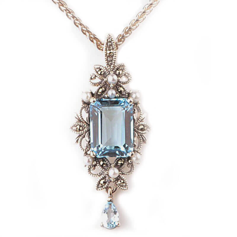 Antique Style Freshwater Cultured Pearl, Blue Topaz & Marcasite Pendant and Chain | Silver