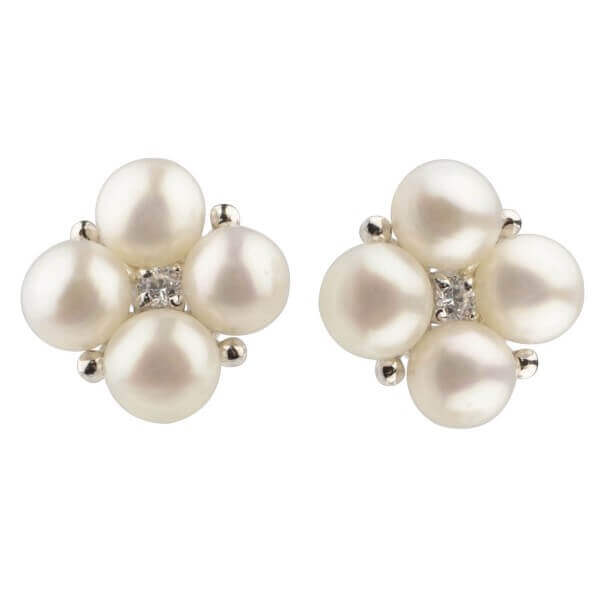 Freshwater Cultured Pearl & Cubic Zirconia Cluster Stud Earrings | Silver