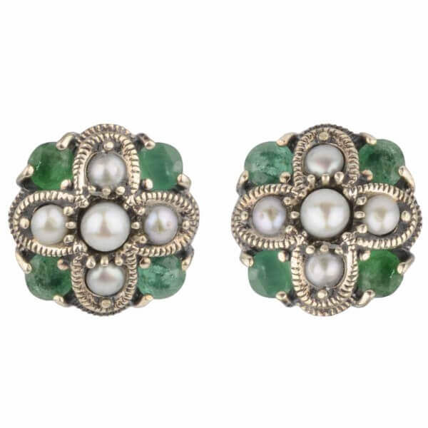 Emerald and Freshwater Seed Pearl Stud Earrings | Silver