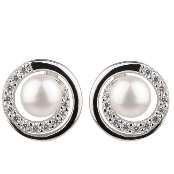 Freshwater Cultured Pearl & Cubic Zirconia Spiral Stud Earrings | Silver
