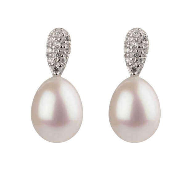 Freshwater Cultured Pearl & Cubic Zirconia Studded Earrings | Silver