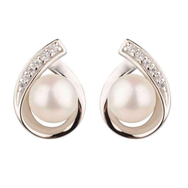 Freshwater Cultured Pearl & Cubic Zirconia Pear-shape Stud Earrings | Silver