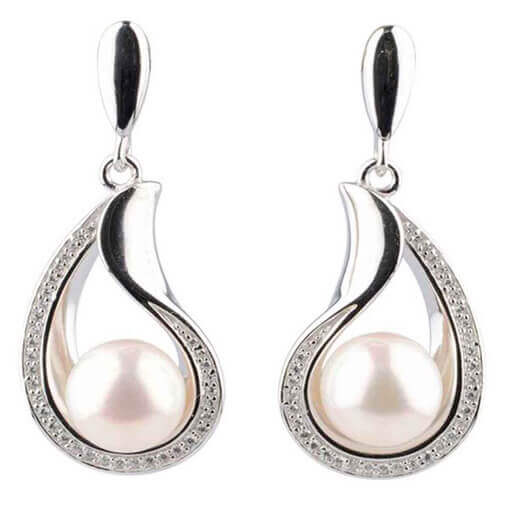 Freshwater Cultured Pearl & Cubic Zirconia Curvy Pear-shape Drop Earrings | Silver