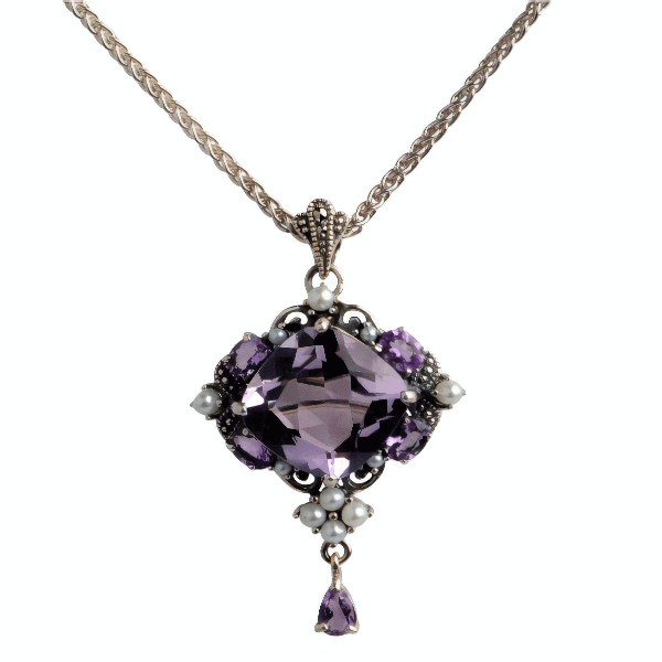 Freshwater Seed Pearl Marcasite & Amethyst Brooch/Pendant | Silver