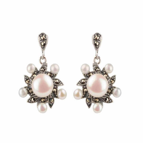 Freshwater Cultured Pearl & Marcasite Radiating Drop Earrings | Silver