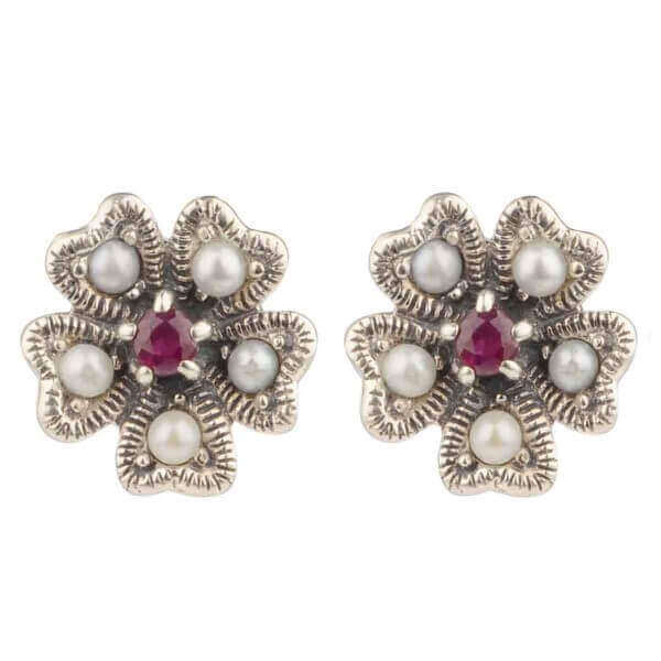 Ruby & Seed Pearl Clover Leaf Motif Stud Earrings | Silver