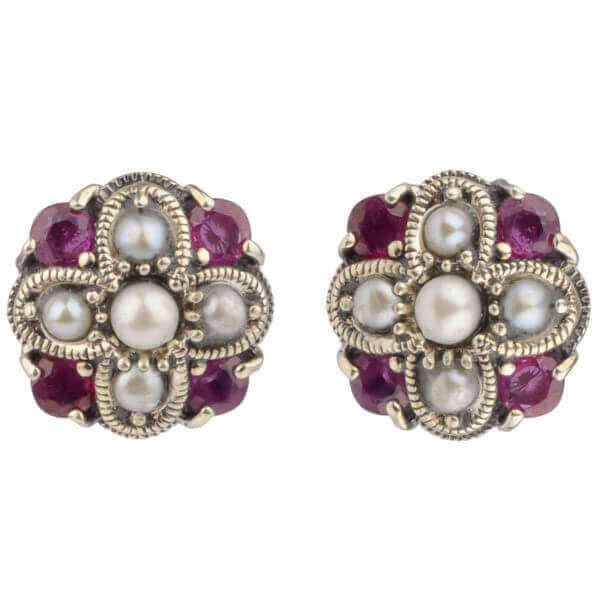 Ruby & Freshwater Seed Pearl Stud Earrings | Silver