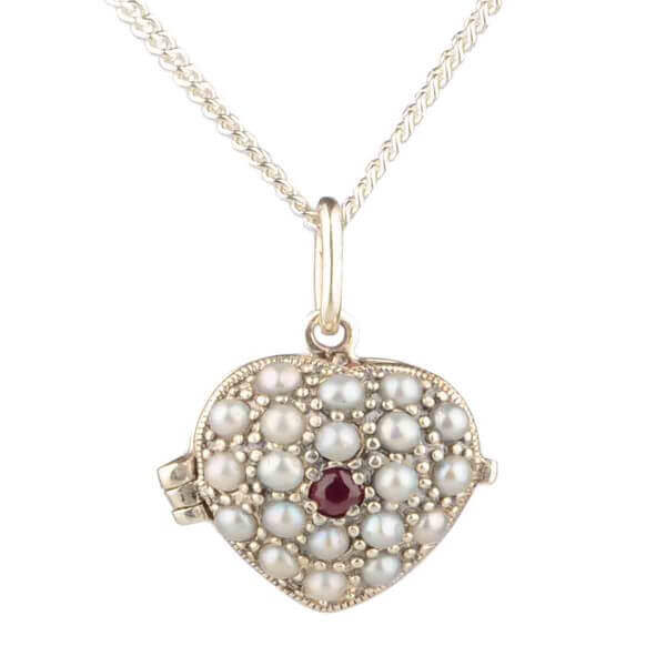 Antique Style Ruby & Seed Pearl Heart Pendant and Chain | Silver
