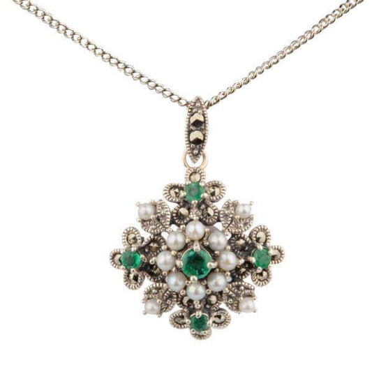 Antique design Seed Pearl, Emerald & Marcasite Pendant and Chain  |  Silver