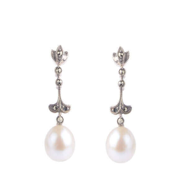 Freshwater Cultured Pearl & Marcasite Fleur-de Lys Drop Earrings | Silver