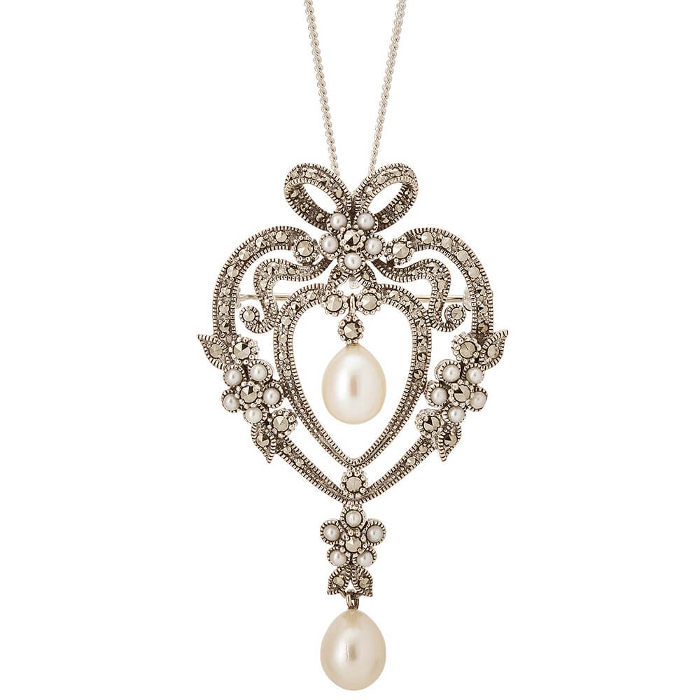 Freshwater Pearl Antique Design Marcasite Brooch/Pendant | Silver