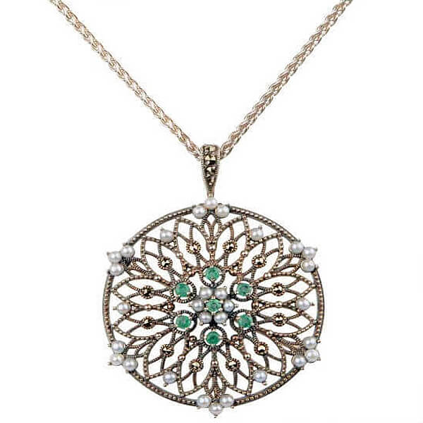 Freshwater Cultured Pearl Emerald & Marcasite Brooch/Pendant | Silver