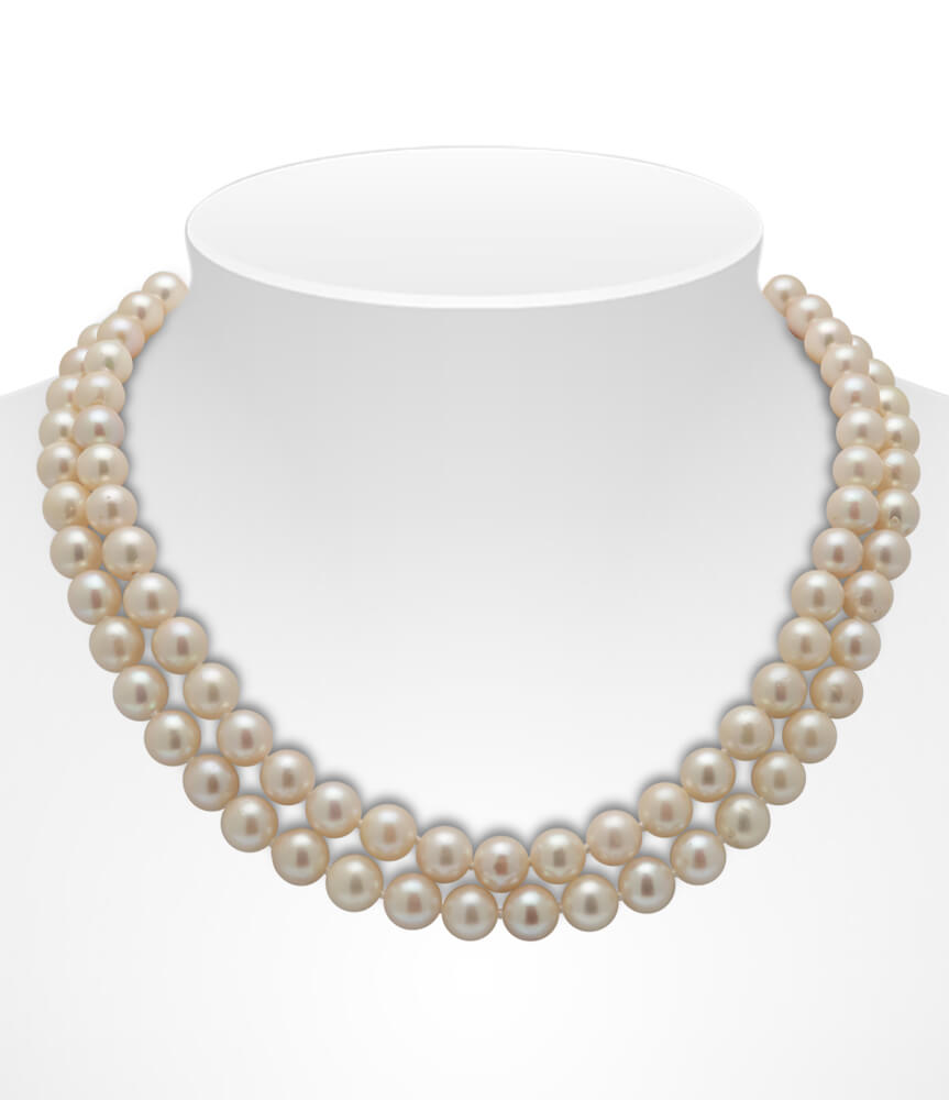 Double Row Akoya Pearl Necklace On Amethyst & Pearl Clasp 9 To 9.5mm