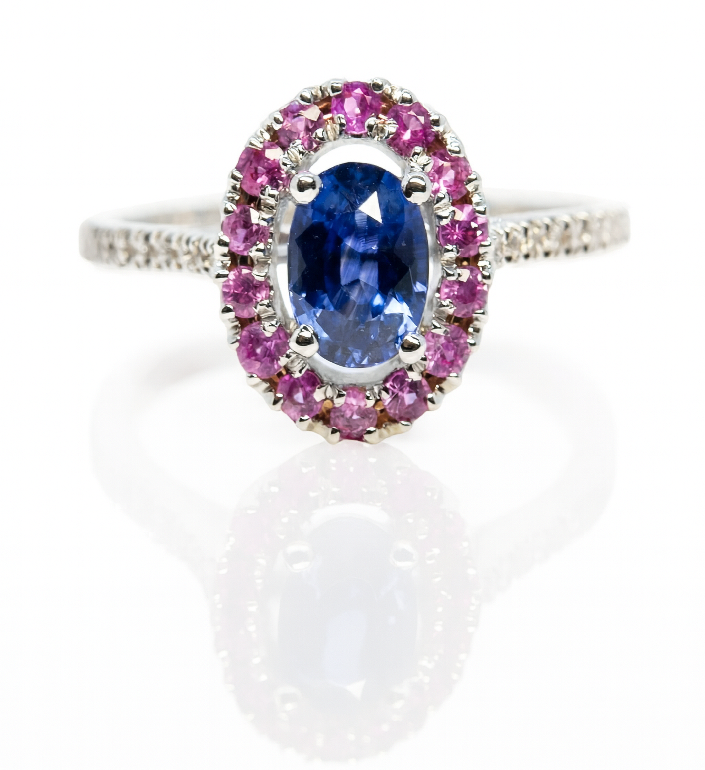 18ct White Gold Blue & Pink Sapphire & Diamond Halo Ring.