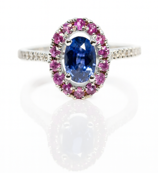 18ct White Gold Blue & Pink Sapphire & Diamond Halo Ring.