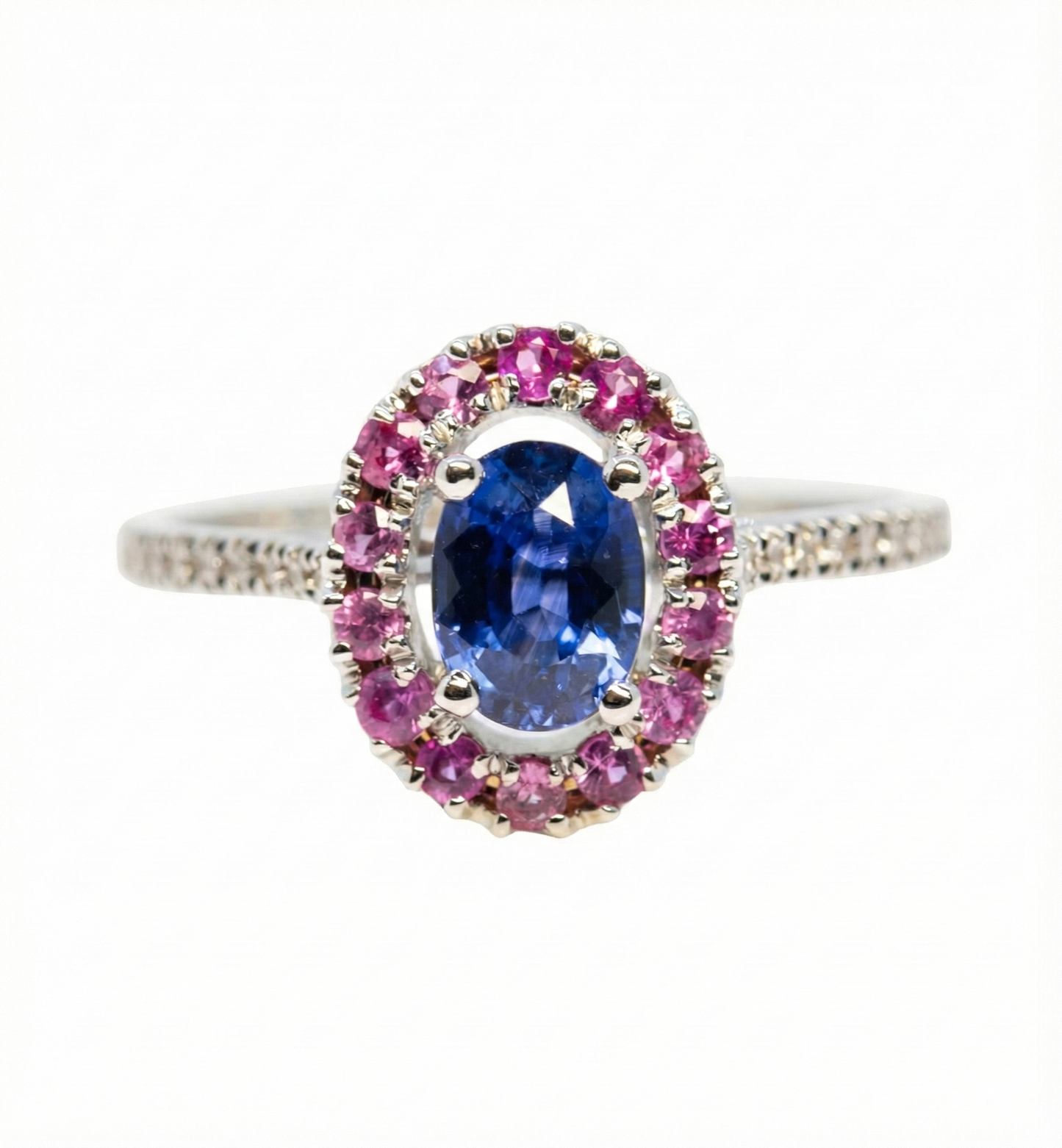 18ct White Gold Blue & Pink Sapphire & Diamond Halo Ring.