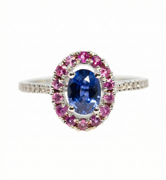 18ct White Gold Blue & Pink Sapphire & Diamond Halo Ring.