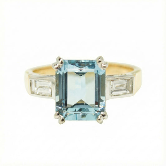 18ct Aquamarine & Diamond Geometric 3 Stone Ring