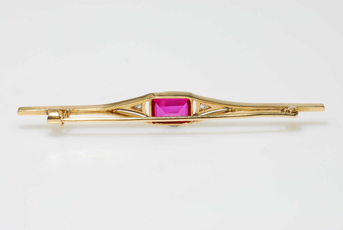Art Deco Synthetic Ruby and Diamond Bar Brooch