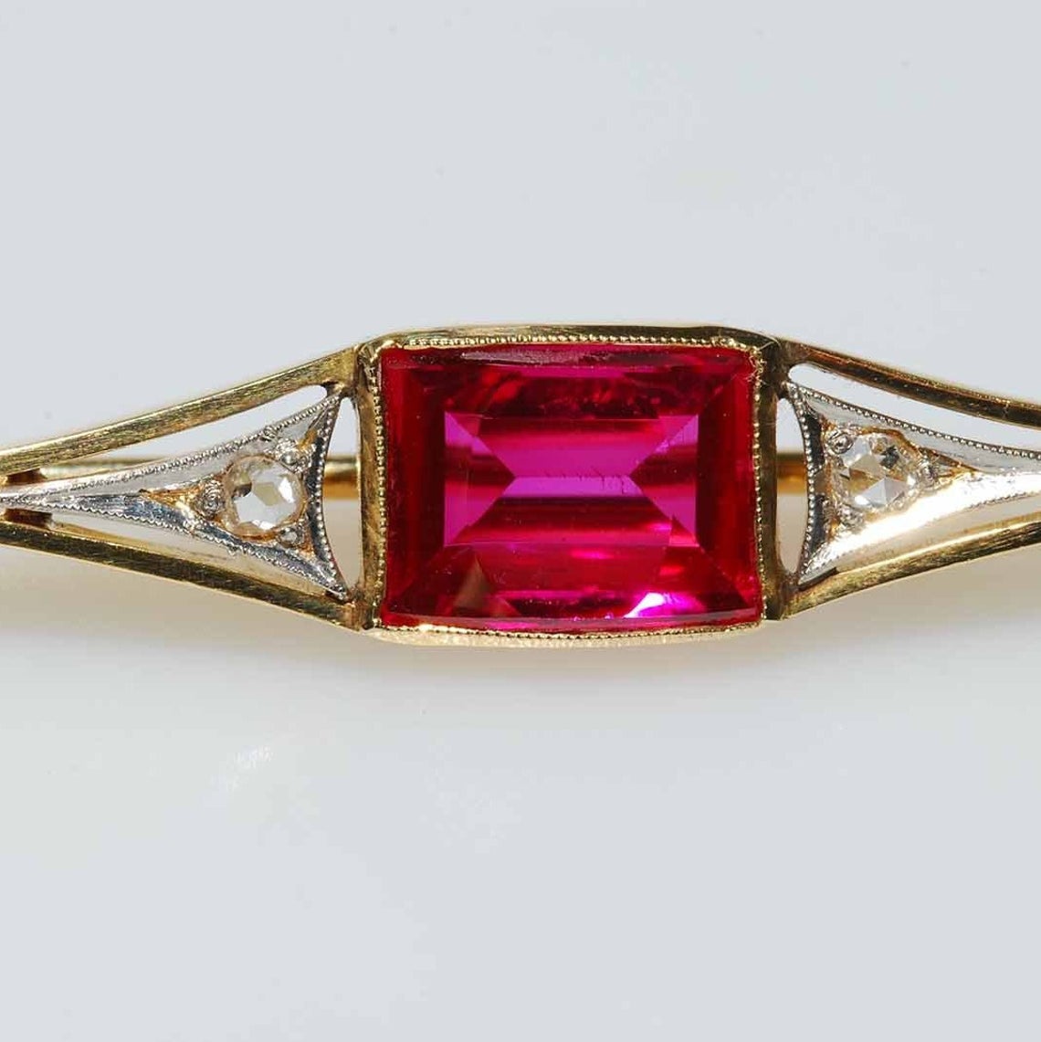 Art Deco Synthetic Ruby and Diamond Bar Brooch