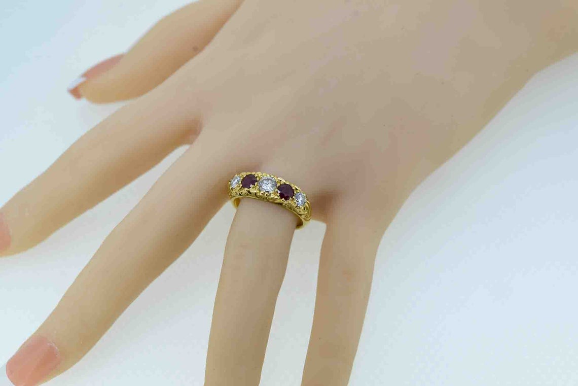 Antique Style 18ct Yellow Gold Ruby and Diamond Five Stone Ring
