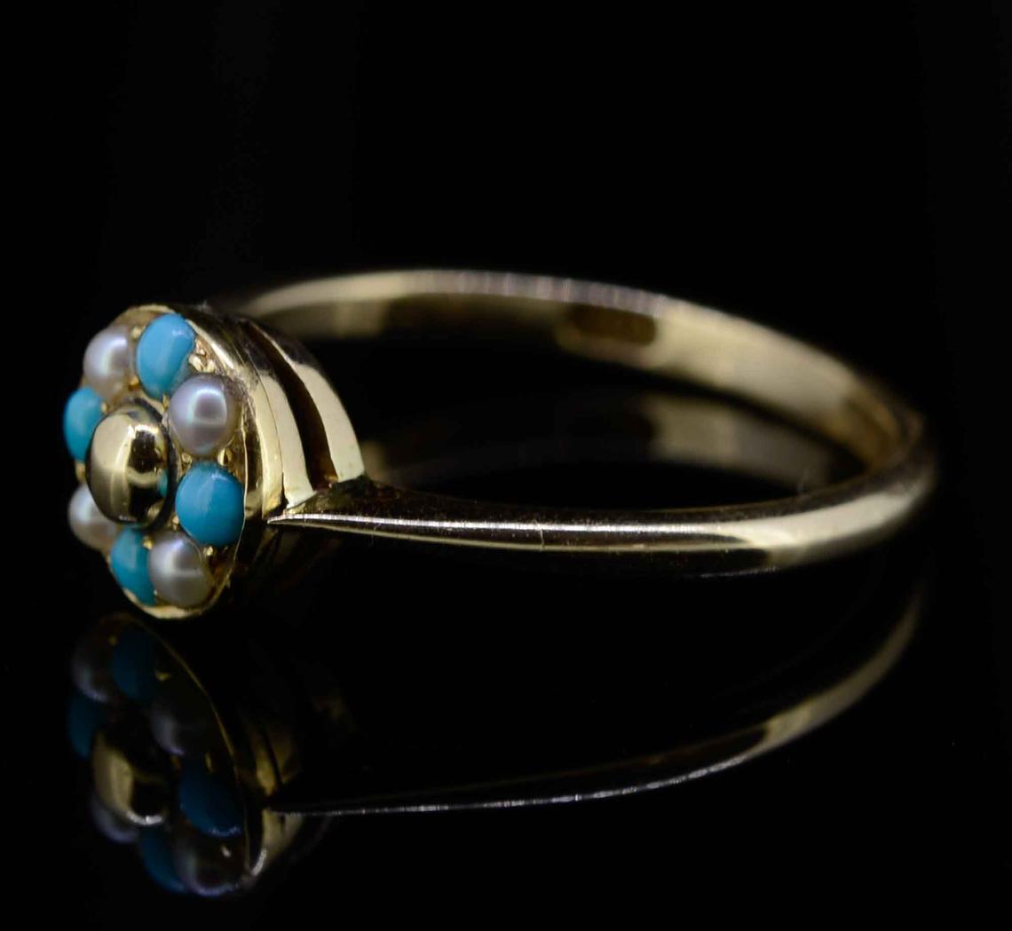 Early 20th Century 9ct Yellow Gold Pearl and Turquoise Cluster Ring