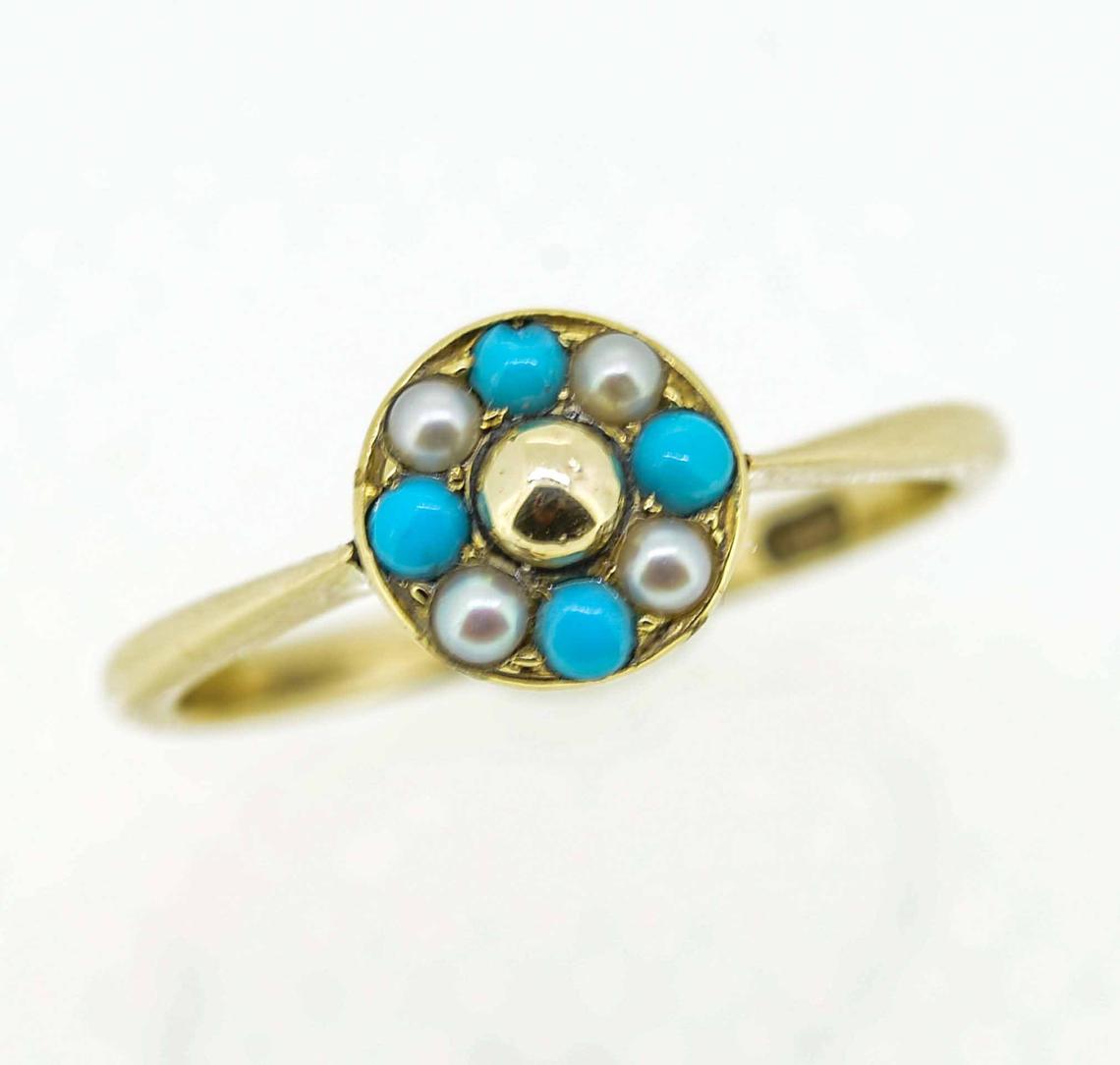 Early 20th Century 9ct Yellow Gold Pearl and Turquoise Cluster Ring