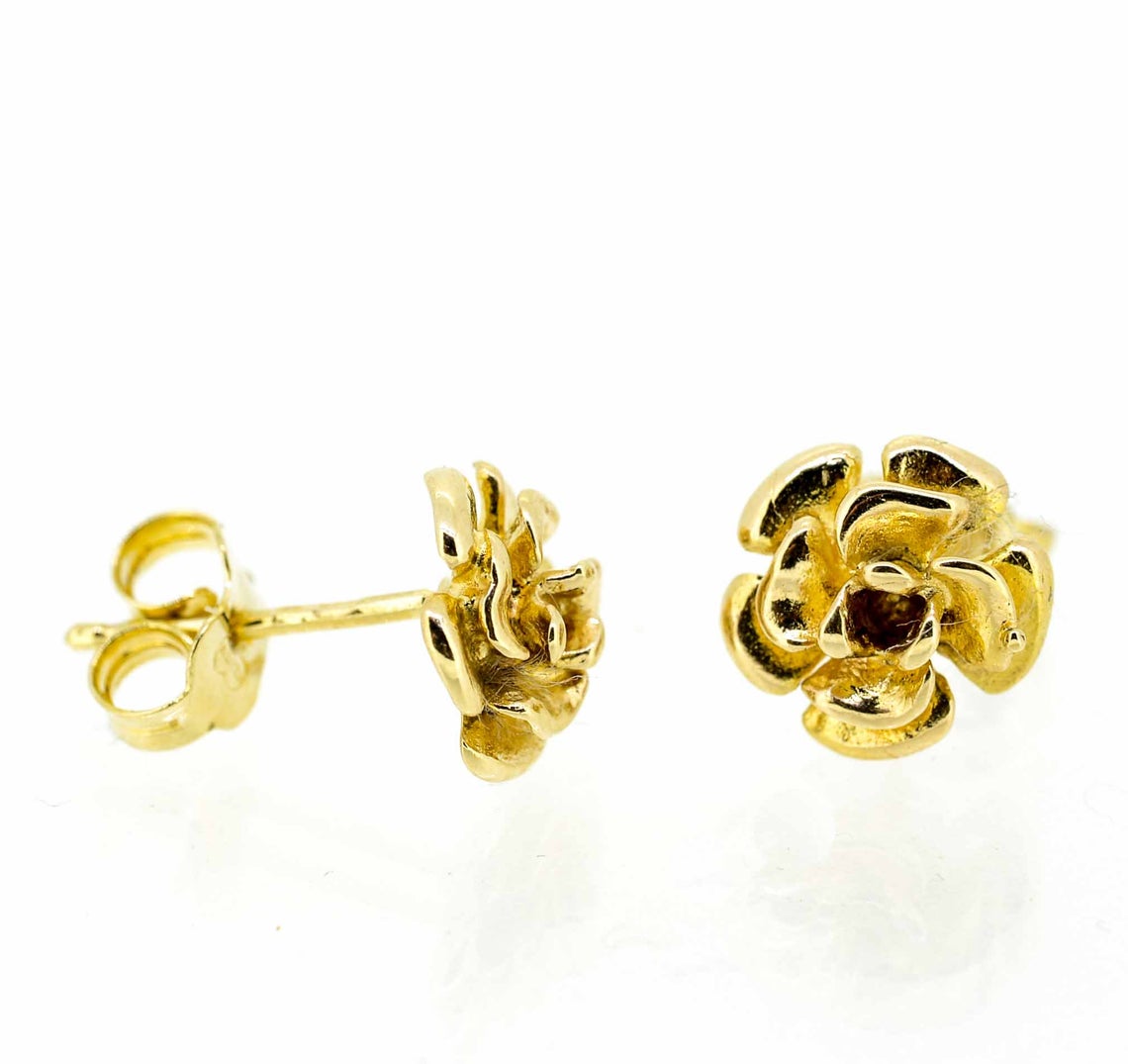 Vintage 9ct Yellow Gold Flower Rose Stud Earrings