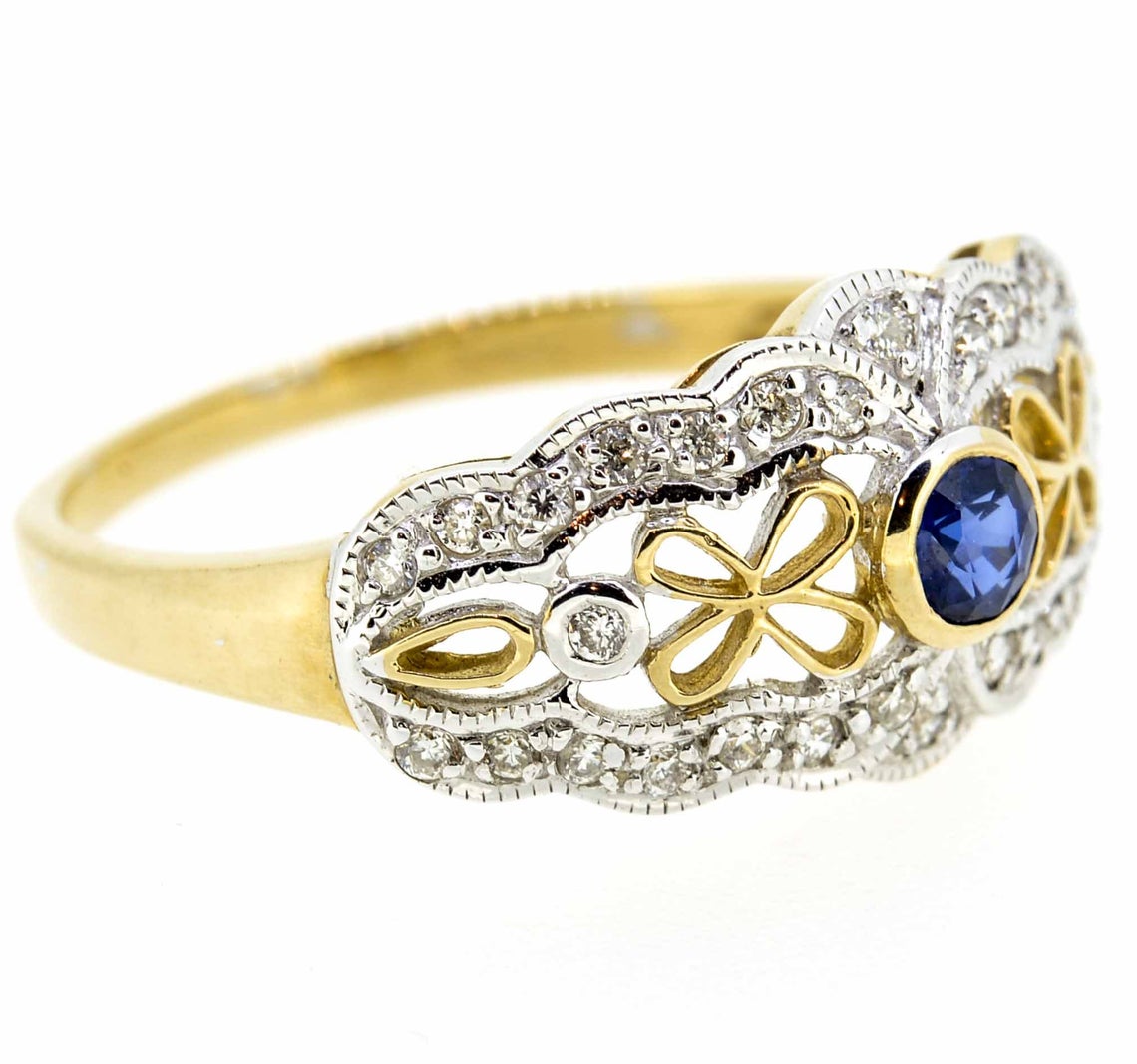 9ct Yellow Gold Antique Style Sapphire and Diamond Ring
