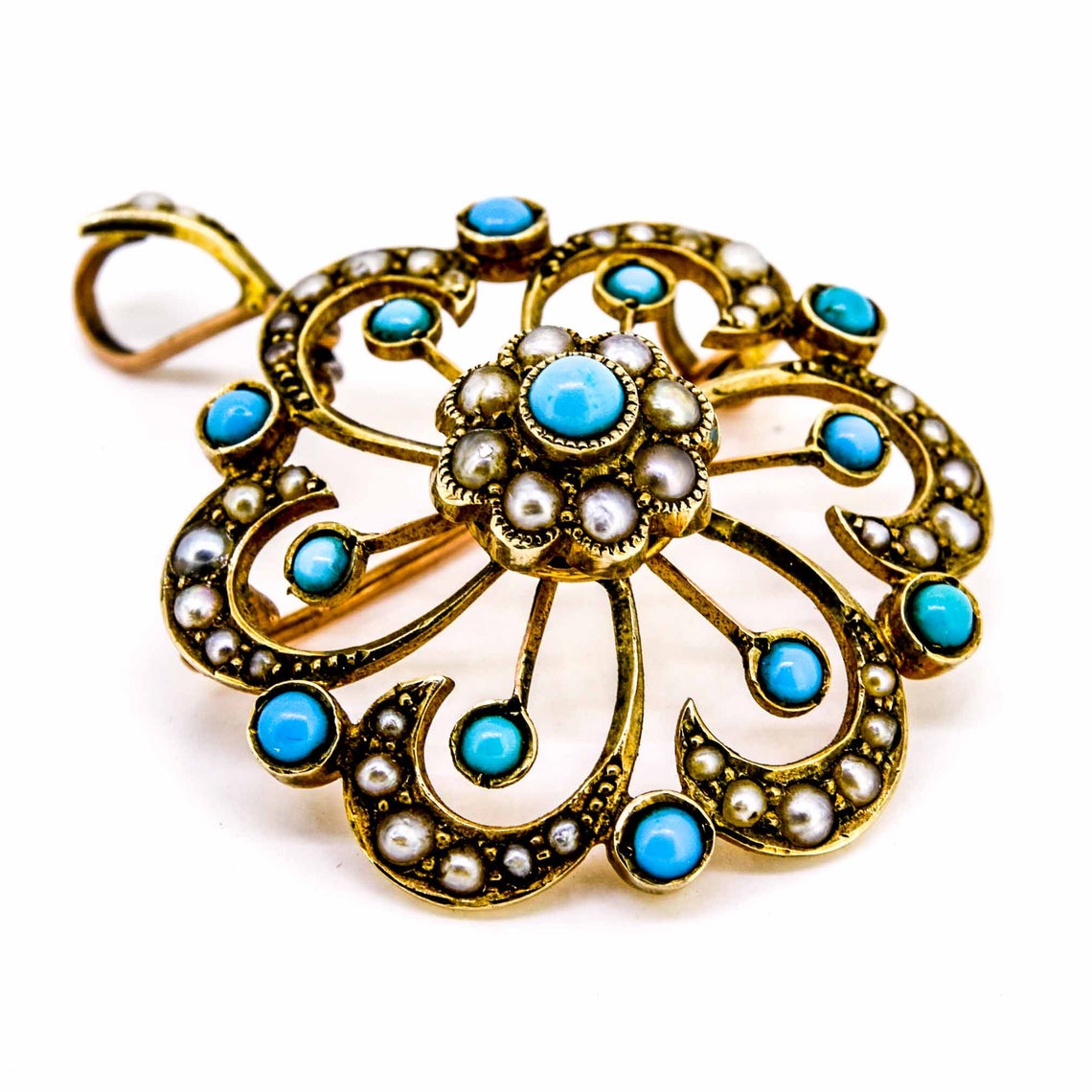 Victorian 9ct Gold Turquoise & Pearl Brooch / Pendant