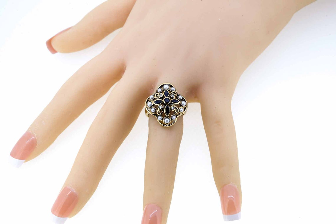 9ct Yellow Gold Antique Style Sapphire Diamond and Pearl Ring