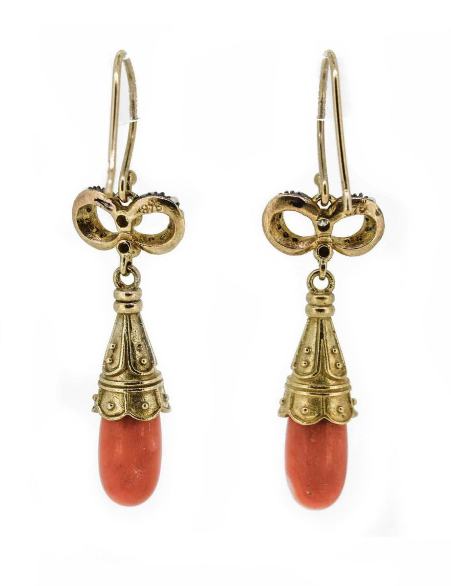 Victorian Style Coral, Diamond and Seed Pearl Drop Earrings