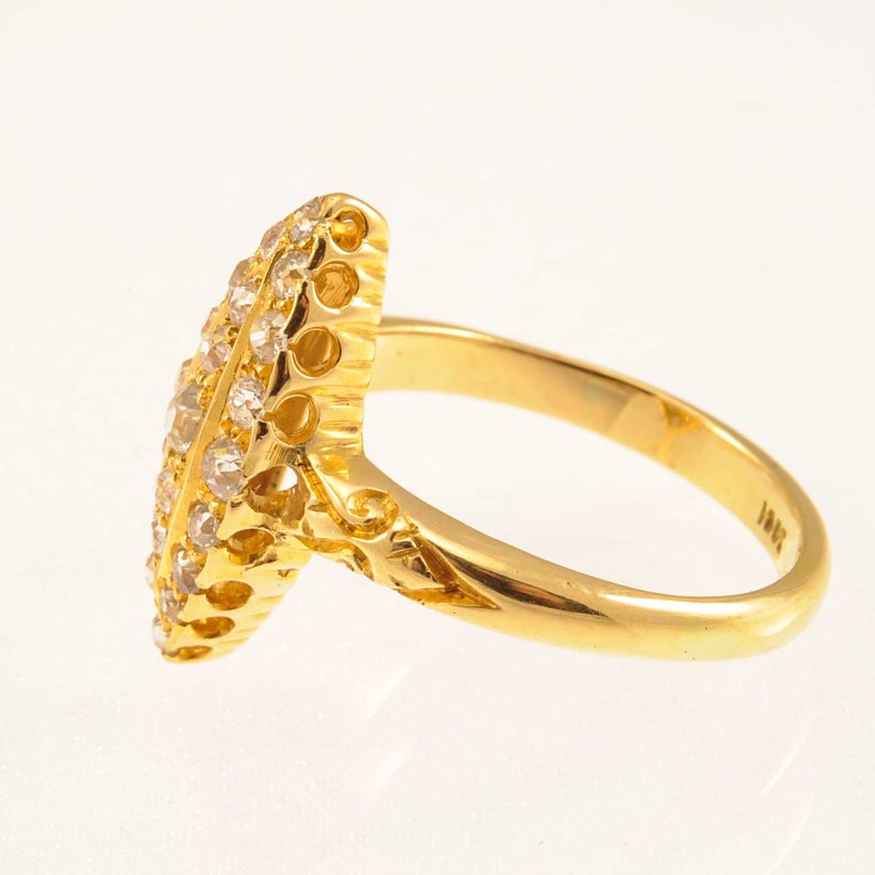 Victorian 18ct Yellow Gold Diamond Navette-Shaped Cluster Ring