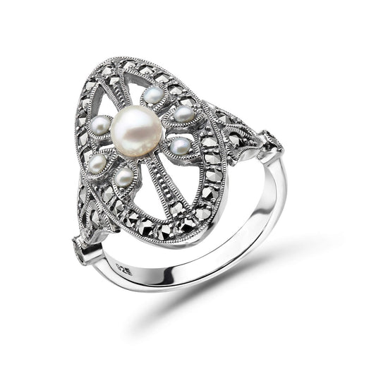 Freshwater Pearl & Marcasite Antique Style Ring | Silver