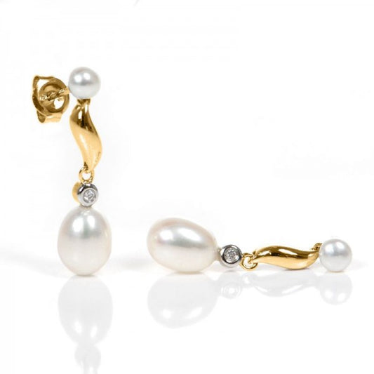 Freshwater Pearl & Diamond "S" Shape Drop Earrings  |  9ct Yellow Gold