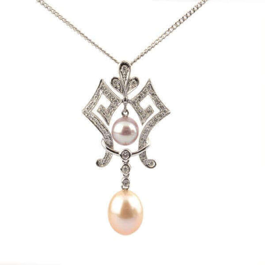 Freshwater Cultured Pearl & Diamond Antique Style Pendant & Chain | 18ct White Gold