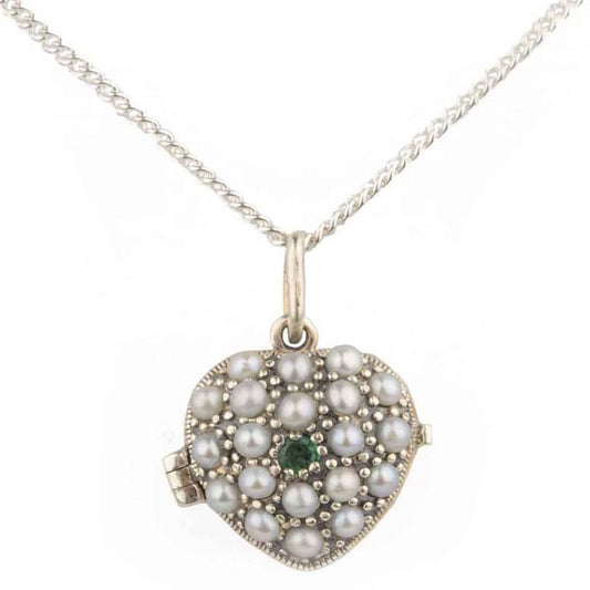 Antique Style Emerald & Seed Pearl Heart Pendant and Chain  |  Silver