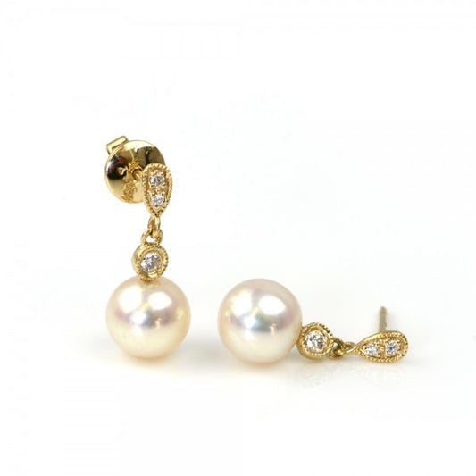 Vintage Style Freshwater Pearl & Diamond Drop Earrings  |  9ct Yellow Gold