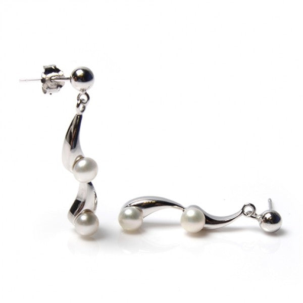 Freshwater Cultured Pearl Wavy Dropper Earrings  |  Silver