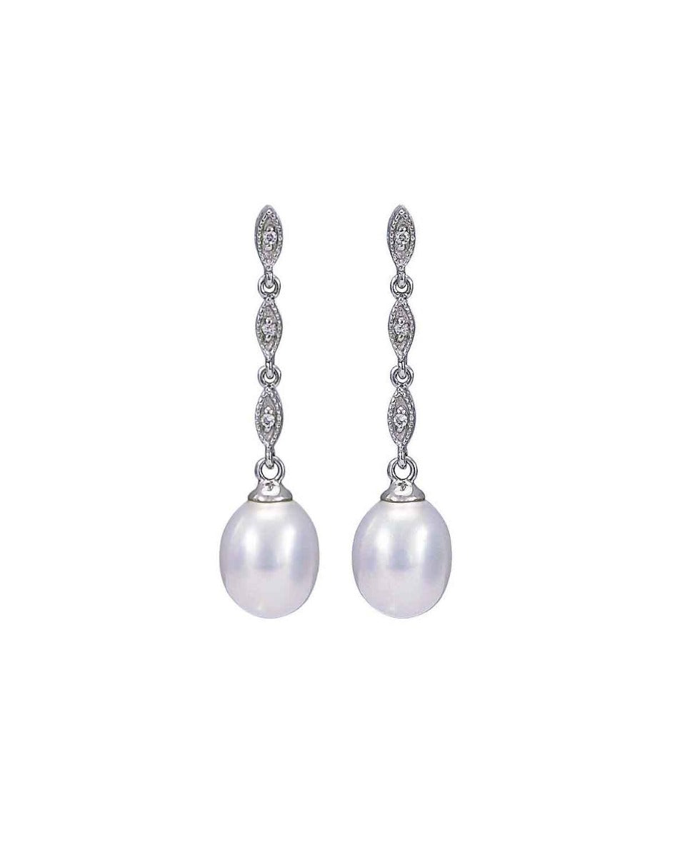 Freshwater Pearl & Diamond Navette Drop Earrings  |  9ct White Gold
