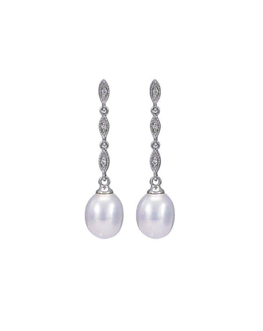 Freshwater Pearl & Diamond Navette Drop Earrings  |  9ct White Gold