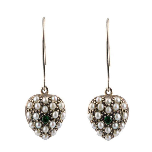 Antique Style Freshwater Seed Pearl Emerald Heart Shape Drop Earrings  |  Silver