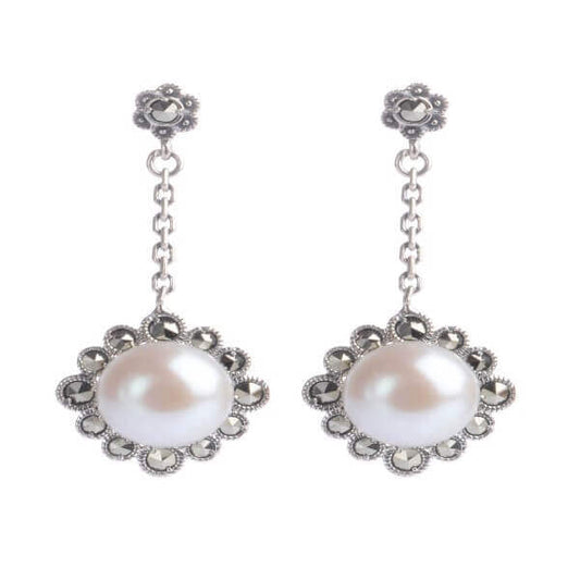 Freshwater Cultured Pearl & Marcasite Drop Earrings  |  Silver