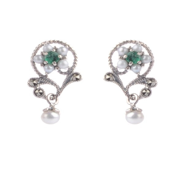 Freshwater Cultured Pearl, Emerald & Marcasite Floral Earrings  |  Silver