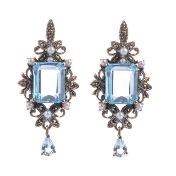 Freshwater Pearl, Blue Topaz & Marcasite Antique Design Earrings  |  Silver